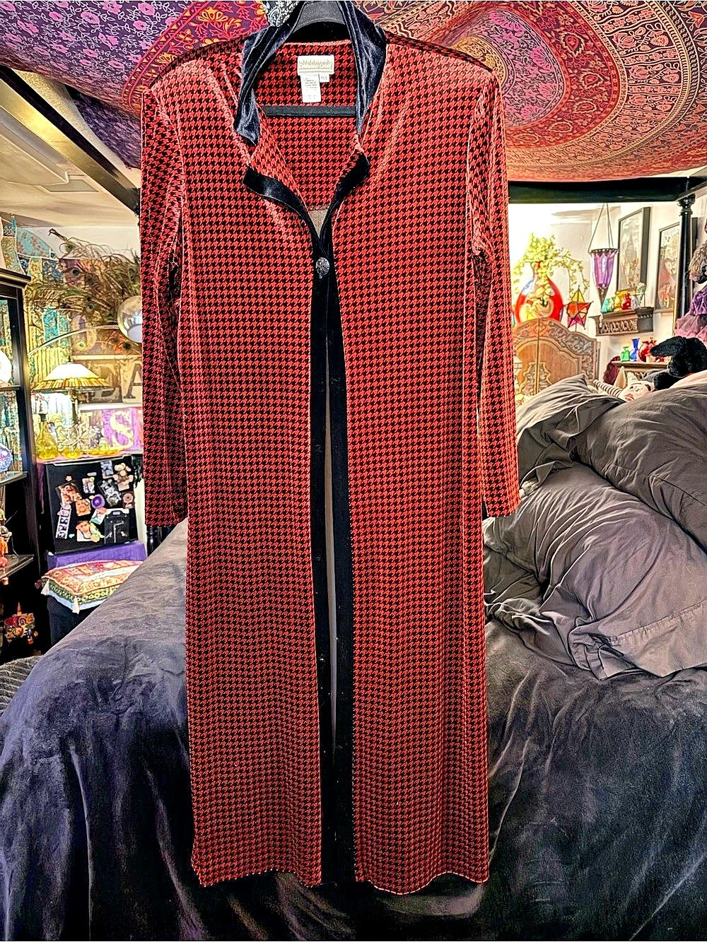 Coldwater Creek Velvet Houndstooth Duster Coat Red & Black size us PL